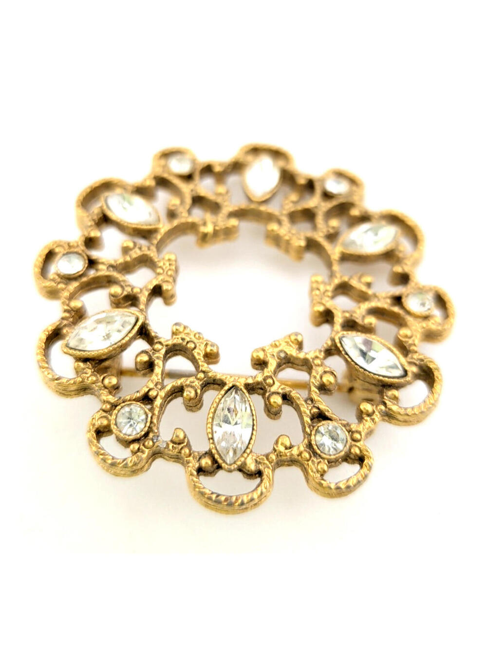 VTG 1928 Jewelry Company Gold-tone Filigree With Clear Rhinestones Circle Brooch